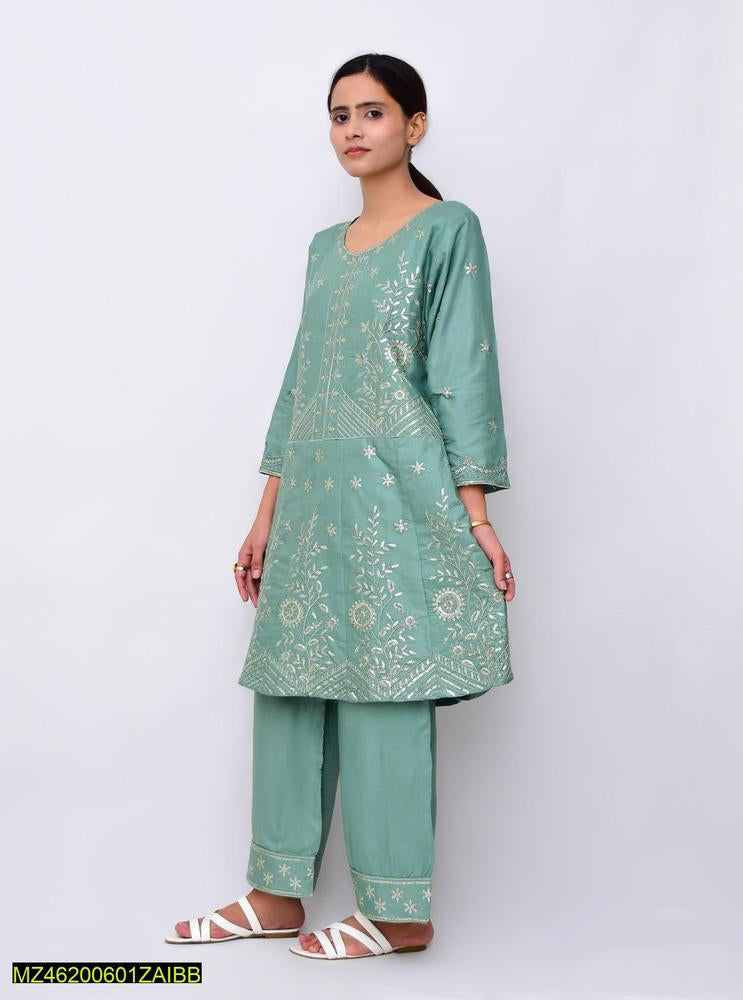 Two pieces women stitched linen frock suite