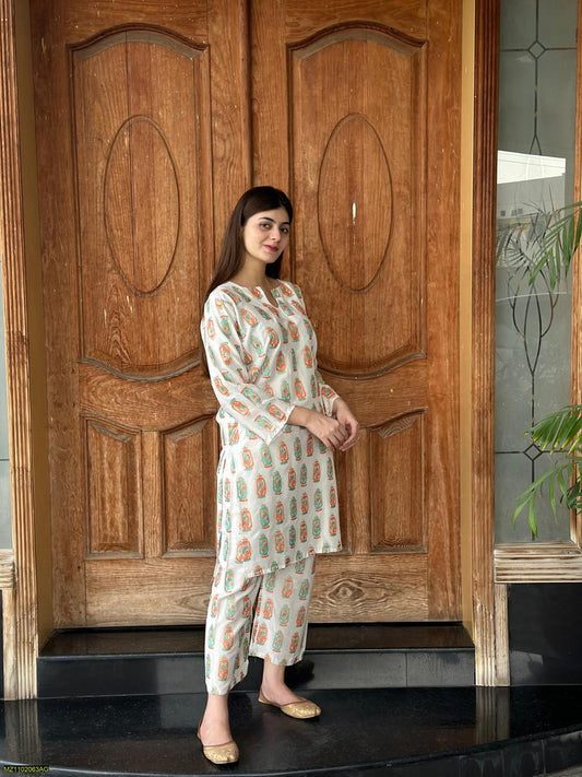 Two PCs women stitched printed Arabic lawn suite shirt and trouser