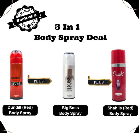 Dundill (Red) , Big Boss (Silver) And Shahils (Red) Body Spray, Pack Of 3