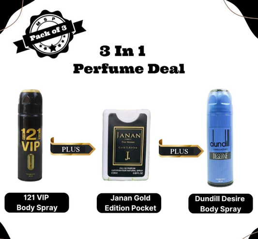 121 VIP Body Spray , Janan Gold Pocket Perfume And Dundill Desire (Blue) Body Spray, Pack Of 3