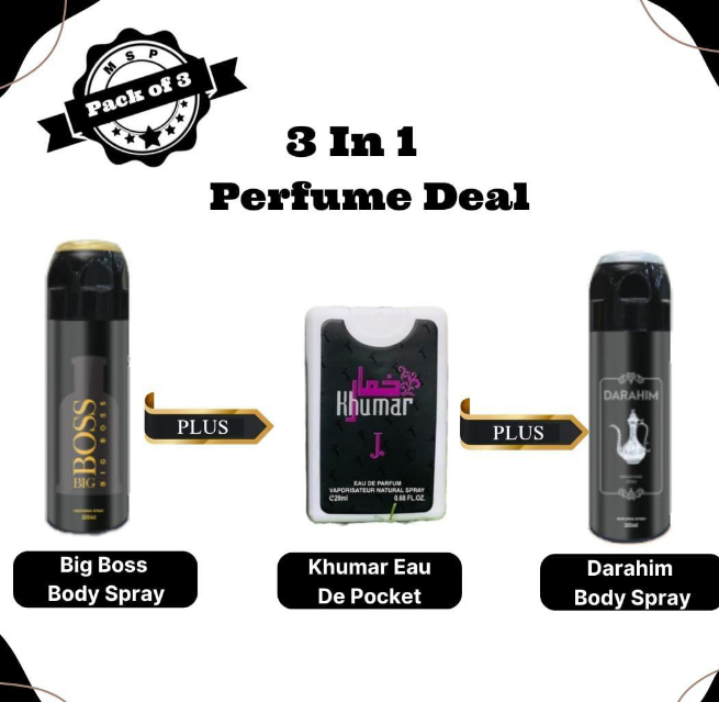 Big Boss (Black) Body Spray , Khumar Pocket Perfume And Darahim Body Spray, Pack Of 3