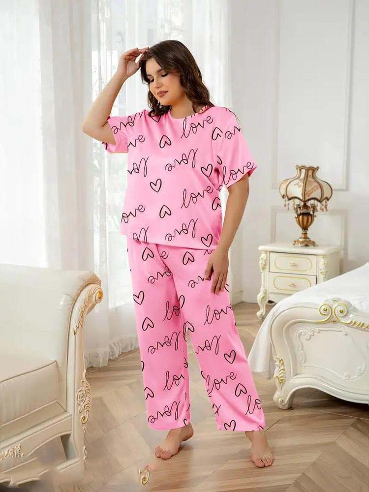 love sign printed two pcs cotton jersey night wear t4trendz