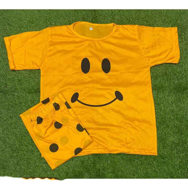 yellow smiley printed cotton jersey two pcs night wear t4trendz